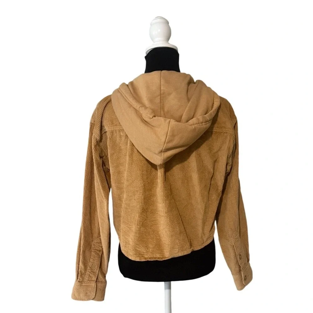 American Eagle Womens S Tan Corduroy Hooded Cropped‎ Button Front Jacket Shacket